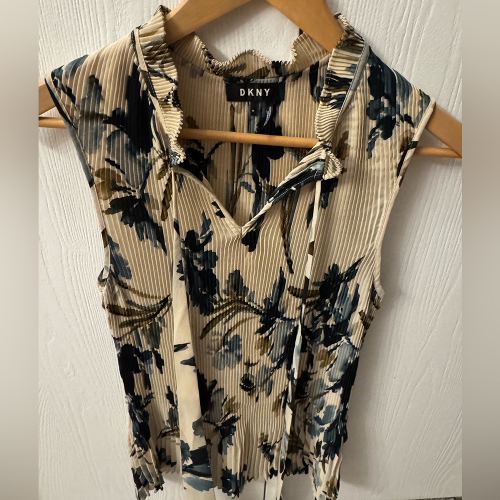 DKNY Floral Pleated Blouse - Cream and Navy